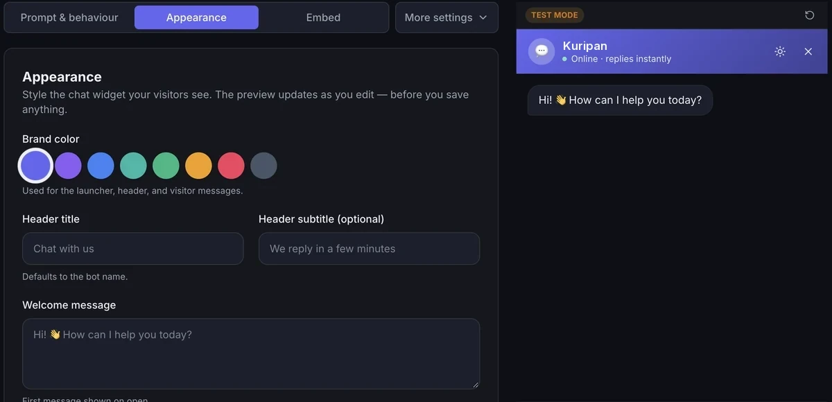 Kuripan appearance settings with brand colours, header and welcome message, next to a live preview of the chat widget