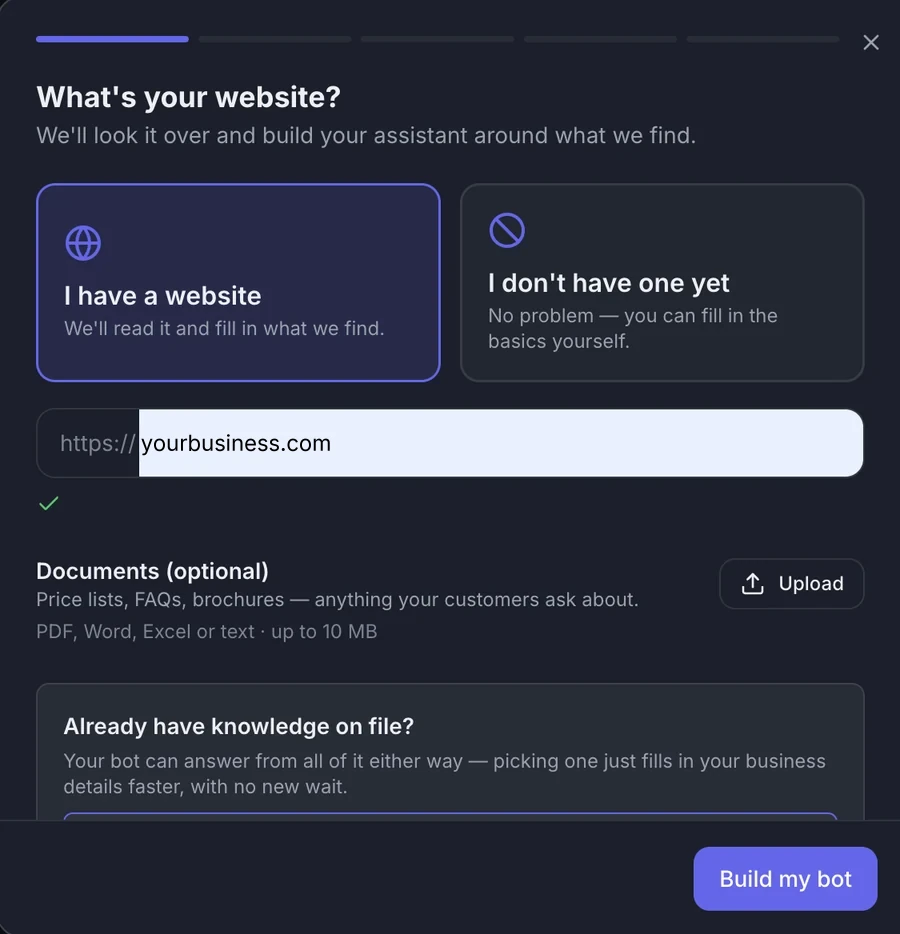 Kuripan setup screen: enter your website address and optionally upload documents, then Build my bot